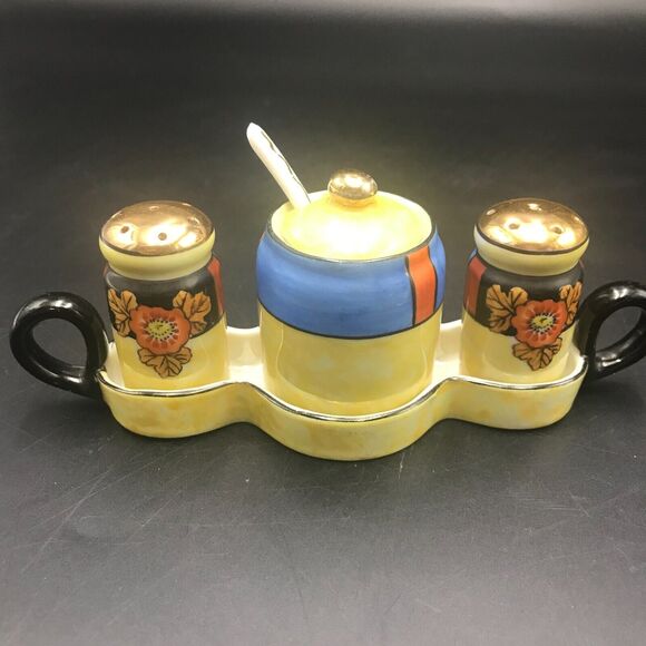 Vtg Chikaramachi LusterWare Condiment Set Salt & Pepper Mustard w/ Spoon & Tray - Picture 1 of 12